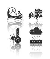 Natural disaster drop shadow black glyph icons set. Geological and atmospheric hazards. Tsunami, earthquake, downpour, weather forecast. Global climate changes. Isolated vector illustrations