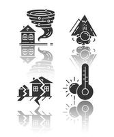 conjunto de iconos de glifo negro de sombra de desastre natural. pronóstico del tiempo, avalancha, tornado, terremoto. caso de seguro eventos extremos. fuerza destructiva de la naturaleza. ilustraciones de vectores aislados