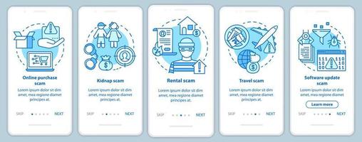 Scam types onboarding mobile app page screen with linear concepts. Online purchase and rental fraud. Five walkthrough steps graphic instructions. UX, UI, GUI vector template with illustrations