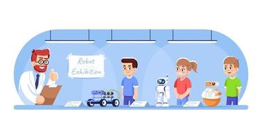 Children showing their robots on exhibition flat vector illustration. Robotics courses for kids. After school club. Boys and girls with droids, teacher approving cartoon characters