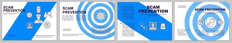 Scam prevention blue brochure template. Fraud protection flyer, booklet, leaflet design with linear illustrations. Stopping illegal actions. Vector page layouts for magazines, advertising posters