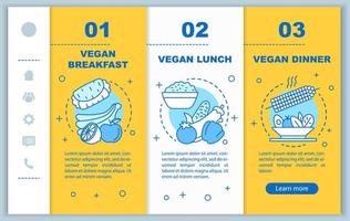 Vegetarian menu onboarding mobile web pages vector template. Responsive smartphone website interface idea with linear illustrations. Webpage walkthrough step screens. Vegan nutrition color concept