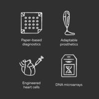 Bioengineering chalk icons set. Technologies for research, treatment. Paper-based diagnostics, adaptable prosthetics, engineered heart cells, DNA microarrays. Isolated vector chalkboard illustrations