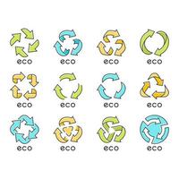 Eco labels blue, green, yellow color icons set. Arrows signs. Recycle symbols. Alternative energy. Environmental protection emblems. Zero waste products. Healthy food. Isolated vector illustrations