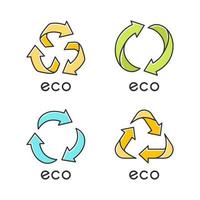 Eco labels yellow color icons set. Arrows signs. Recycle symbols. Alternative energy. Eco friendly chemicals. Environmental protection emblems. Organic cosmetics. Isolated vector illustrations