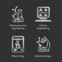 Bioengineering chalk icons set. Medical technologies research and diseases treatment. Pharmaceutical and clinical engineering, bioprinting, biotechnology. Isolated vector chalkboard illustrations