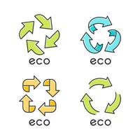 etiquetas ecológicas conjunto de iconos de color verde. signos de flechas. símbolos de reciclaje. energía alternativa. pegatinas de protección del medio ambiente. productos químicos ecológicos. cosméticos orgánicos. ilustraciones de vectores aislados