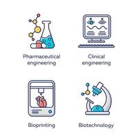 conjunto de iconos de colores de bioingeniería. investigación de tecnologías médicas y tratamiento de enfermedades. ingeniería farmacéutica y clínica, bioimpresión, biotecnología. ilustraciones de vectores aislados