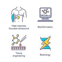 conjunto de iconos de colores de biotecnología. bioingeniería ultrasonido focalizado de alta intensidad, bioinformática, ingeniería de tejidos, bioenergía. tecnologías para el estudio y el tratamiento. ilustraciones de vectores aislados