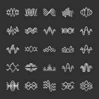 Sound and audio waves chalk icons set. Music digital curve soundwaves. Voice recording, radio signals. Noise amplitudes level. Abstract waveforms, wavy lines. Isolated vector chalkboard illustrations