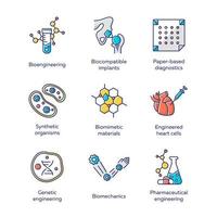 Bioengineering color icons set. Biotechnology for health, evolutionary researching, new materials creating. Molecular biology, biomedical and molecular engineering. Isolated vector illustrations