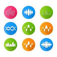 Sound and audio waves flat design long shadow glyph icons set. Voice recording, radio signal waveforms. Digital soundwaves. Melody amplitudes levels. Dj equalizer. Vector silhouette illustration