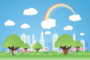 Beautiful rainbow and flowers in the city scape , paper art style