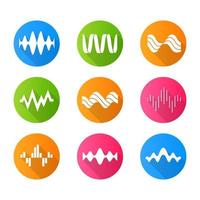 Sound waves flat design long shadow glyph icons set. Music rhythm, heart pulse. Audio waves, sound recording and radio signals. Digital waveforms, abstract soundwaves. Vector silhouette illustration