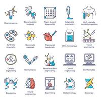 Bioengineering color icons set. Biotechnology for health and comfort. New methods of diseases diagnosis and treatment, genetic engineering, artificial intelligence. Isolated vector illustrations