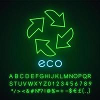 Eco label neon light icon. Four straight arrow signs. Recycle symbol. Alternative energy. Environmental protection sticker. Glowing sign with alphabet, numbers and symbol. Vector isolated illustration