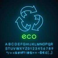 Eco label neon light icon. Three rounded arrow signs. Recycle symbol. Environmental protection sticker. Alternative energy. Glowing sign with alphabet, numbers and symbol. Vector isolated illustration