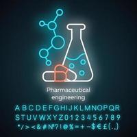 Pharmaceutical engineering neon light icon. Drug formulating. Chemical science. Flask, molecule, capsules. Pharmacology. Glowing sign with alphabet, numbers and symbols. Vector isolated illustration