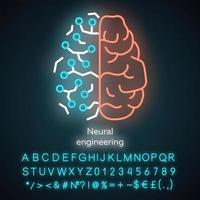 Neural engineering neon light icon. Neuroengineering. Living neural tissue and artificial constructs. Bioinformatics. Glowing sign with alphabet, numbers and symbols. Vector isolated illustration