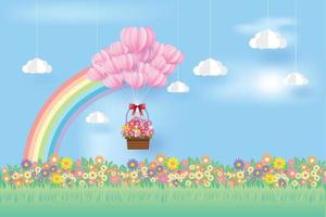 heart and flower in the sky, rainbow, valentine day,paper art style,vector design vector