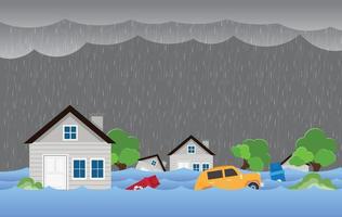 Flood natural disaster with house, heavy rain and storm , damage with home, flooding water in city vector