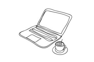 computer and coffee cup ,line drawing style, vector design