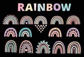 conjunto de arco iris aislado sobre fondo blanco, estilo de garabatos de arco iris con corazones, ilustraciones vectoriales planas infantiles. vector