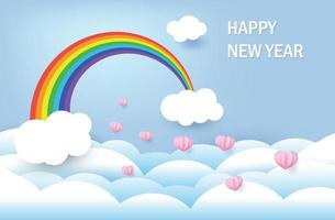 feliz año nuevo, arcoiris y nubes en el cielo, estilo de arte en papel vector