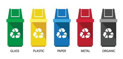 Recycle bin vector illustrations. Glass, Plastic, organic, paper and metal, recycling sorts categories, vector design.