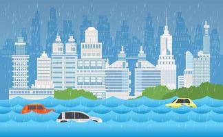 Flood disaster, flooding water in city street, vector design