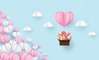 globos de corazón flotando en el aire, flores en la canasta, concepto de amor, mensaje en corazones, dulce amor vector
