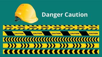 vector de precaución de peligro, cinta de advertencia y seguridad primero, concepto de construcción, casco de seguridad amarillo, diseño vectorial