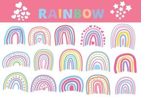 conjunto de arco iris aislado sobre fondo blanco, estilo de garabatos de arco iris con corazones, ilustraciones vectoriales planas infantiles.