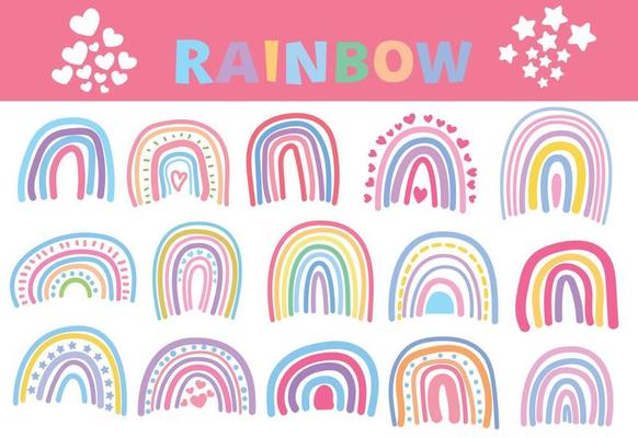 Set of rainbows isolated on white background, Rainbow doodles style with hearts, Childish flat vector illustrations.