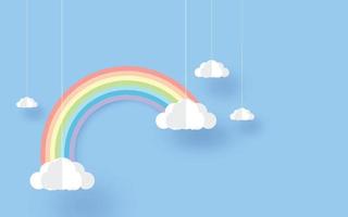 Rainbow and clouds in the sky , paper art style,  wallpaper design. vector