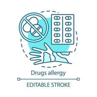 Drugs allergy concept icon. Allergic reaction to medications idea thin line illustration. Hives, itchy skin, rash on hand. Pills use side effects. Vector isolated outline drawing. Editable stroke