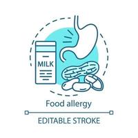 Food allergy concept icon. Allergic reaction to milk proteins, nuts idea thin line illustration. Lactose intolerance. Stomach problems. Food allergens. Vector isolated outline drawing. Editable stroke