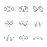 conjunto de iconos lineales de ondas sonoras. ritmo musical, pulso cardíaco. ondas de audio, grabación de sonido y señales. formas de onda digitales. símbolos de contorno de línea delgada. ilustraciones aisladas de contorno vectorial. trazo editable vector