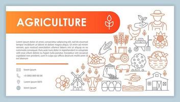 banner web agrícola, plantilla de vector de tarjeta de visita. página de contacto de la empresa agrícola con teléfono, iconos lineales de correo electrónico. economía rural, presentación agronómica, idea de página web. diseño de diseño de impresión corporativa