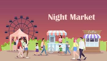Night market flat vector illustration. Summer fair banner design. Fairground with street food market stalls. Amusement park, funfair attractions entertainment. City festival, carnival advertising....