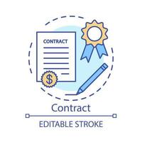 Contract concept icon. Legal agreement idea thin line illustration. Formal arrangement. Signing document. Deal, paperwork. Employee hiring, recruiting. Vector isolated outline drawing. Editable stroke