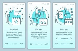 Work experience turquoise onboarding mobile app page screen vector template. Entry, mid, senior level. Walkthrough website steps with linear illustrations. UX, UI, GUI smartphone interface concept