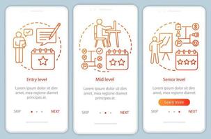 Work experience orange onboarding mobile app page screen vector template. Entry, mid, senior level. Walkthrough website steps with linear illustrations. UX, UI, GUI smartphone interface concept