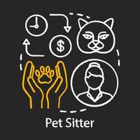 Pet sitter chalk icon. Caring for dog, cat. Domestic animal care. Part time job. Temporary employment. Job arrangement. Pet nanny, concierge, sitting service. Isolated vector chalkboard illustration