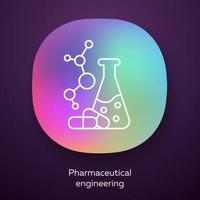 Pharmaceutical engineering app icon. Chemical engineering. Medication control. Flask, molecule, capsules. Pharmacology. UI UX user interface. Web or mobile application. Vector isolated illustration