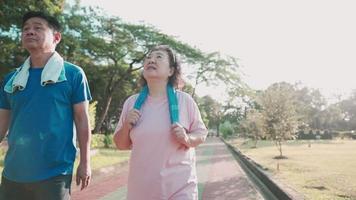 pareja de ancianos asiáticos caminando dentro del parque de ejercicios, estilo de vida de jubilación saludable, relación familia feliz, ejercicios relajantes de pareja madura experimentada, actividad de grupo familiar al aire libre por la tarde video