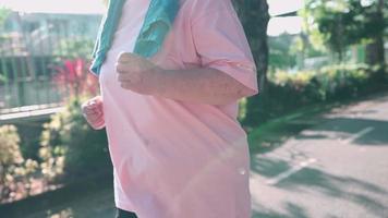 anciana asiática trotando dentro del parque en un día soleado en cámara lenta. jubilación actividad de vida saludable. mujer con sobrepeso corriendo, lucha contra el cáncer de mama, mantente activa y fuerte, toma de mano video
