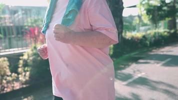 Aziatische senior vrouw joggen in het park op een zonnige dag in slow motion. pensioen gezond leven activiteit. dame met overgewicht rent, vecht tegen borstkanker, blijf actief en sterk, shot uit de hand video