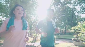 Senior asian couple running together inside the park on hot sunny morning, family get together, healthy activities, human aging process, retirement lifestyle, elderly social community gathering