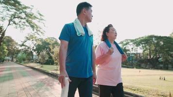 Wide shot of asian elderly couple walking inside public park, healthy retirement lifestyle, relationship , experienced mature couple warm up exercises, family outdoor summer activity video